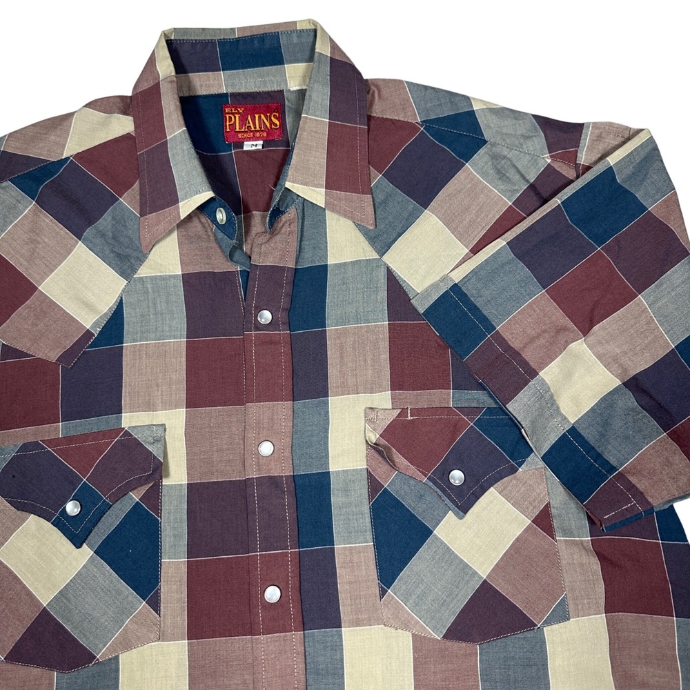 Vintage Ely Plains Western Pearl Snap Shirt Mens Medium Plaid Short Sleeve Retro